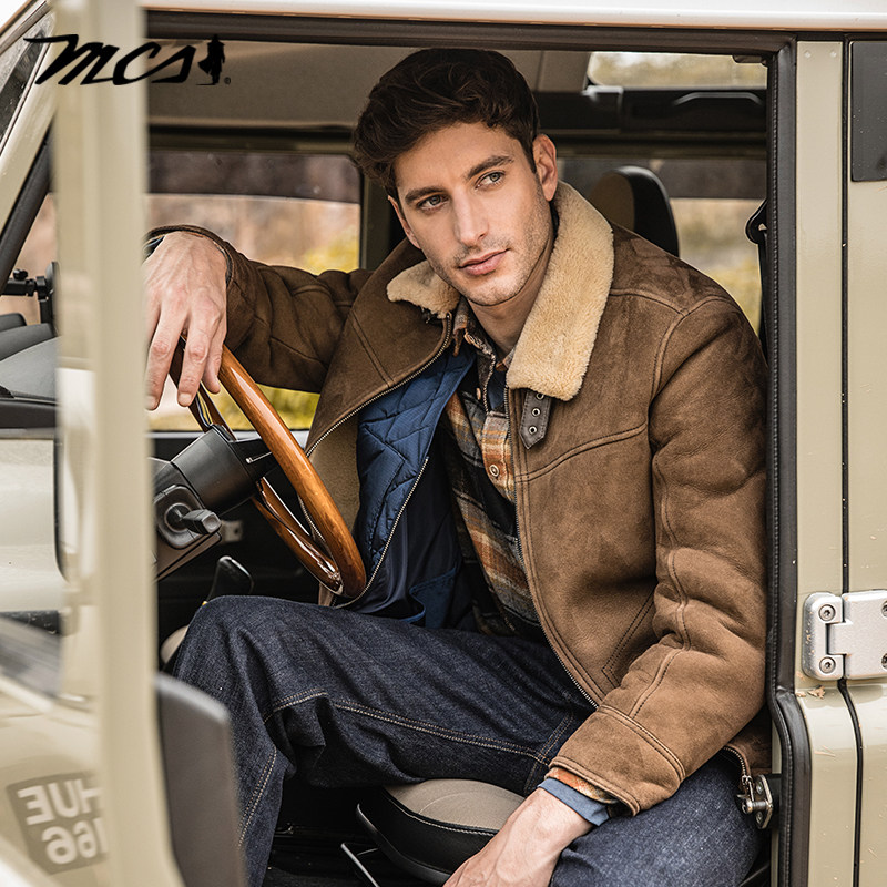 MCS休闲毛领保暖真皮皮衣外套男