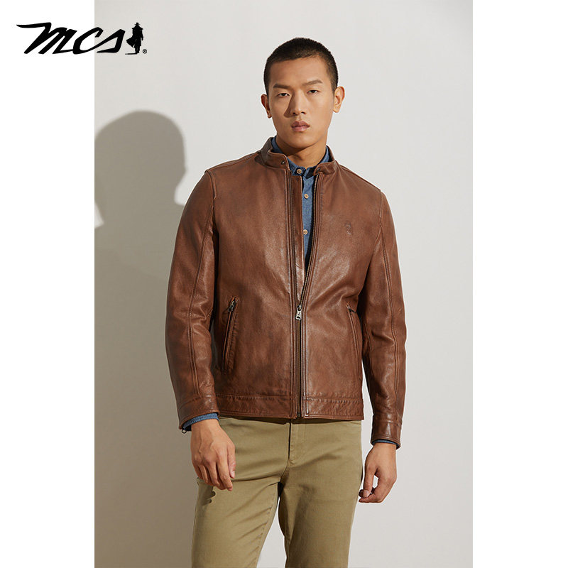 MCS复古机车风立领真皮皮衣夹克