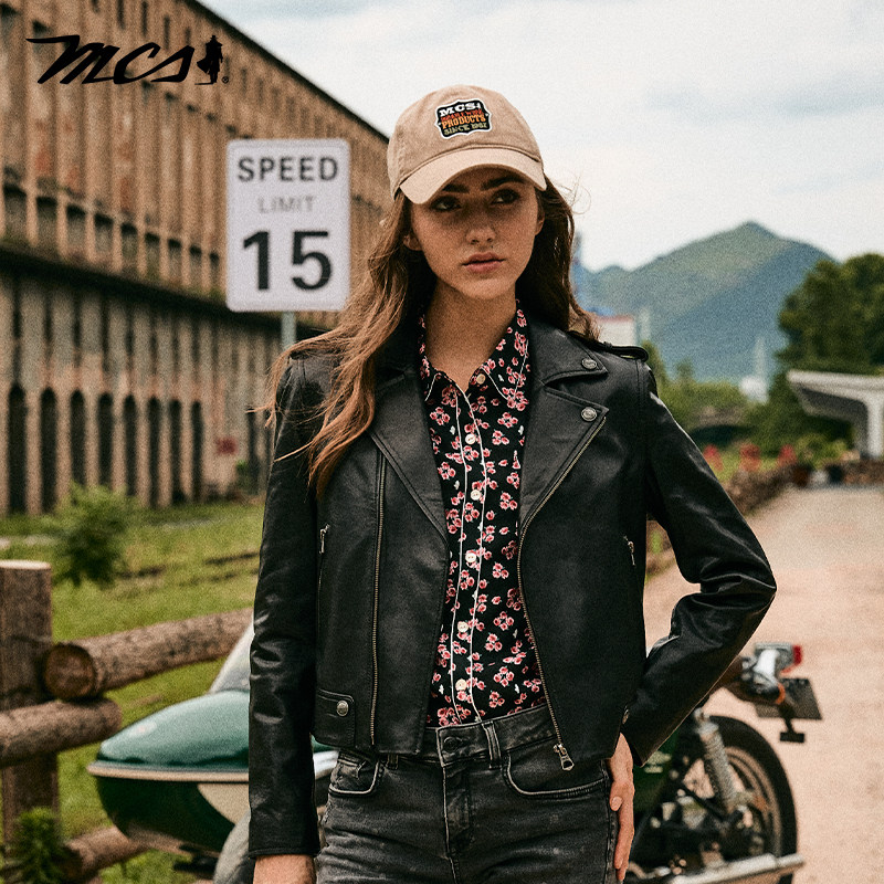 MCS复古机车绵羊皮短款皮衣女士