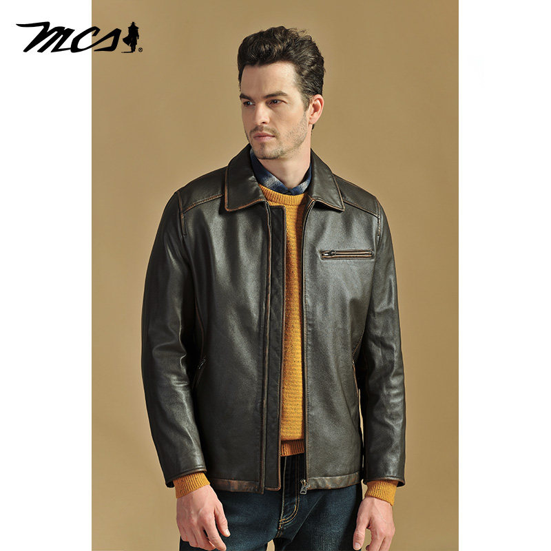 MCS修身翻领三拉链袋牛皮层皮衣