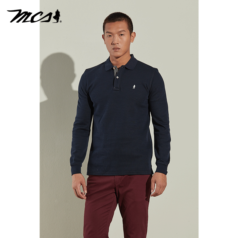 MCS男装商务休闲纯色长袖POLO衫