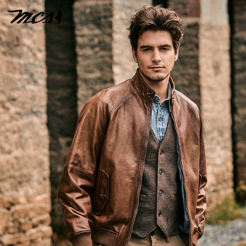 MCS立领绵羊皮哈灵顿皮衣夹克男