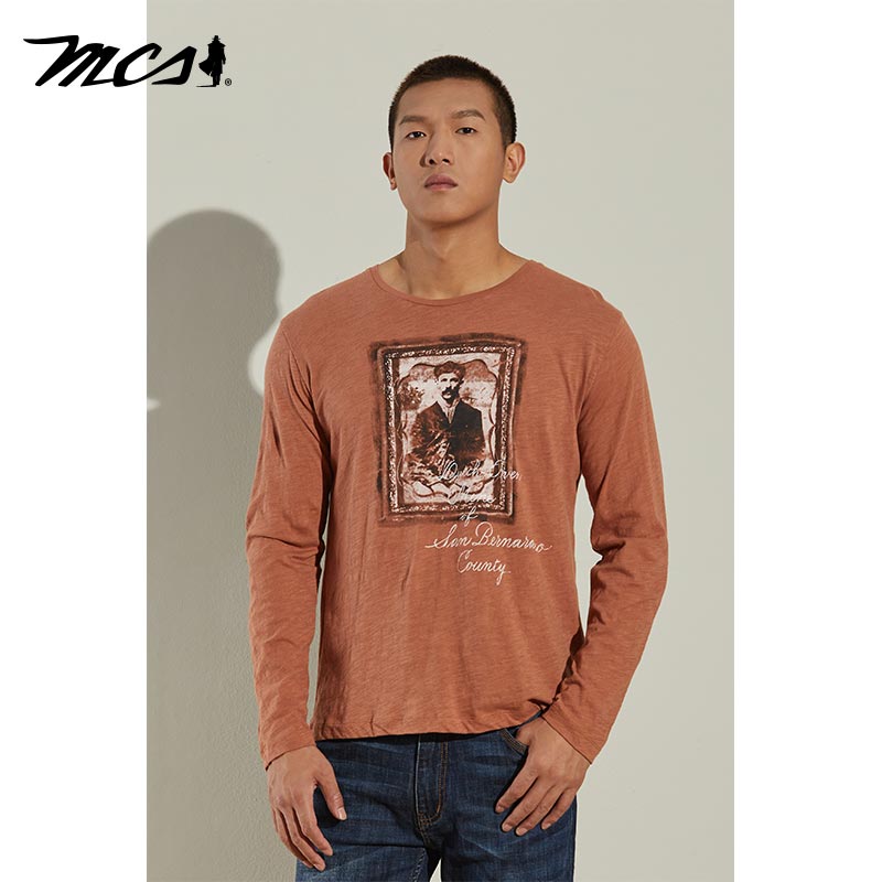 MCS男装源自万宝路男款美式复古纯棉长袖高街圆领薄款上衣