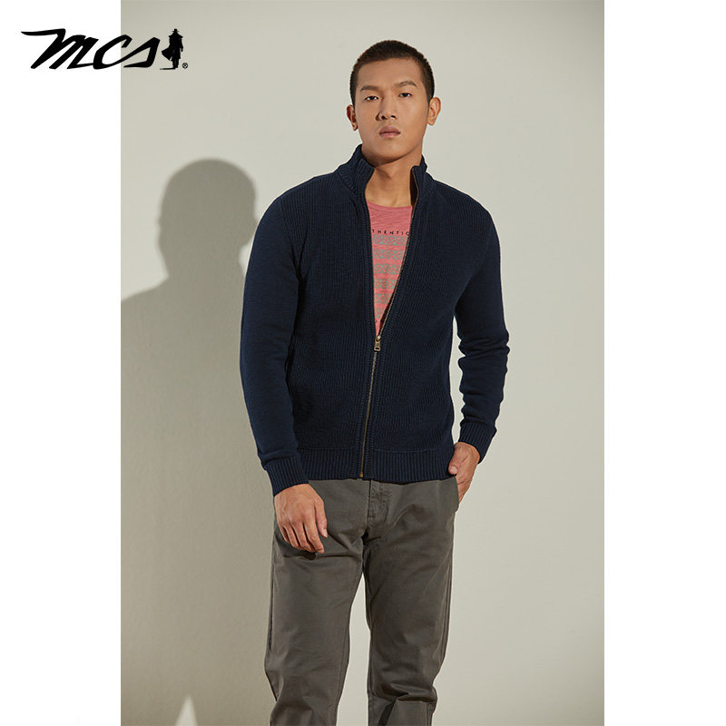 MCS男装源自万宝路纯棉百搭毛衣合身立领拼卫衣布针织外套