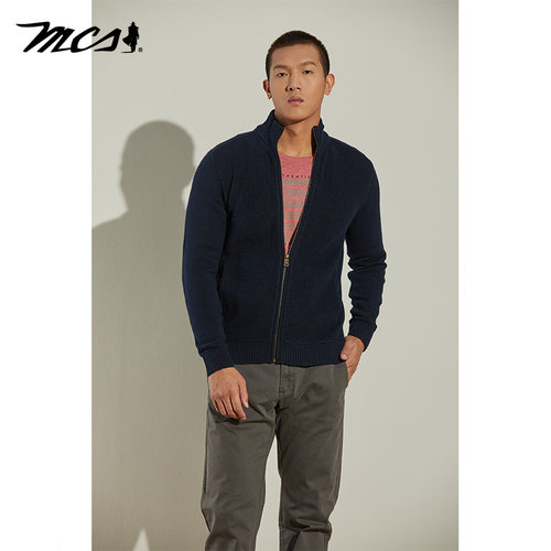 MCS男装源自万宝路纯棉百搭毛衣合身立领拼卫衣布针织外套