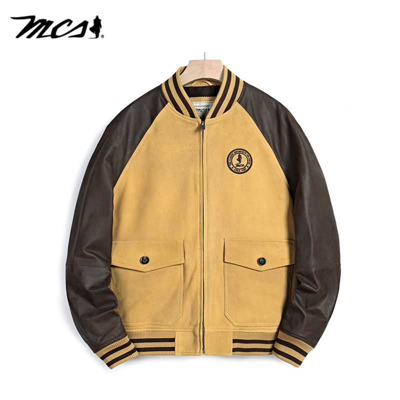 MCS牛皮撞色棒球领真皮皮衣夹克