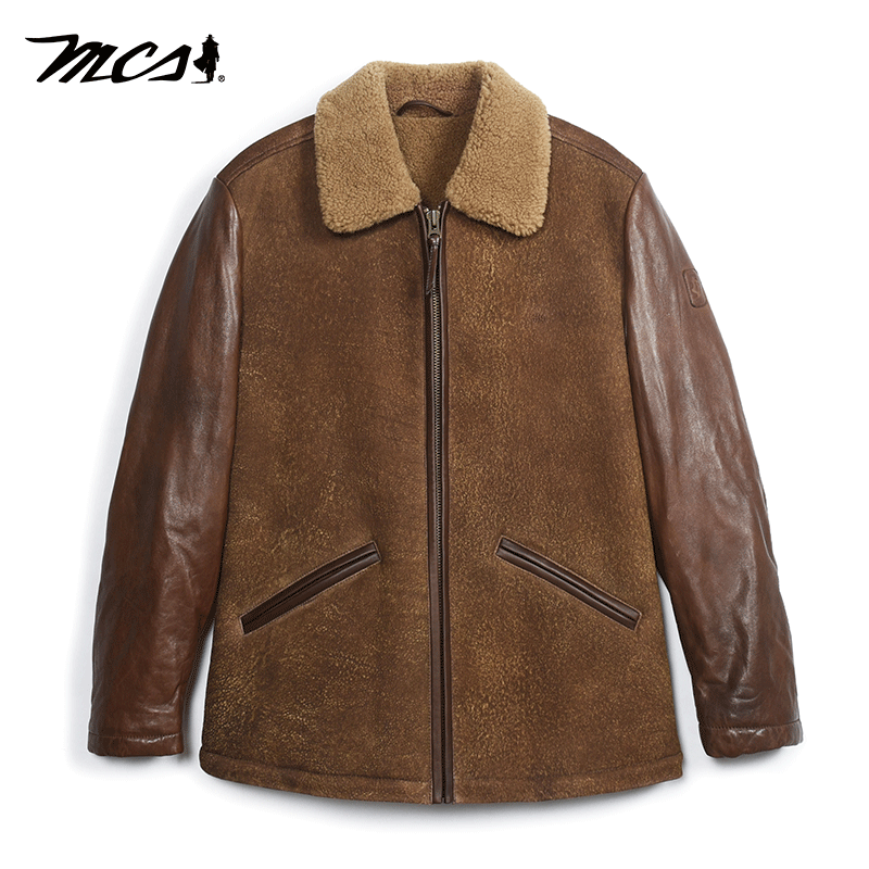MCS合身翻领皮毛一体绵羊皮皮衣