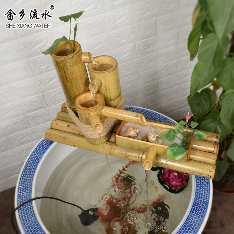 竹子流水器 客厅招财循环石槽装饰造景陶瓷鱼缸 竹流水