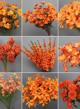 橘色橙色系仿真花材婚礼堂软装洋牡丹玫瑰背景布置路引花插花花艺