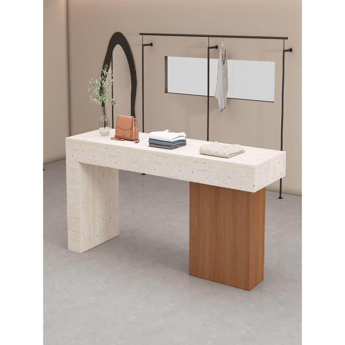 服装店中岛桌女装店铺中间流水台简约现代洞石纹展示桌鞋包中岛台