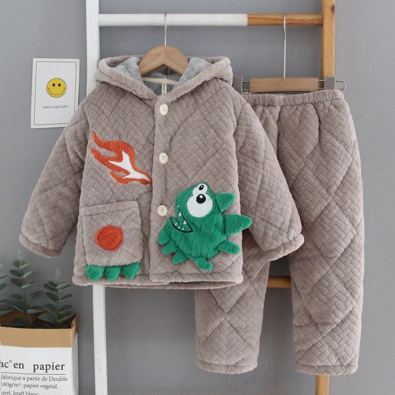 冬款加厚夹棉儿童法兰绒睡衣男女孩保暖珊瑚绒男女宝宝家居服套装