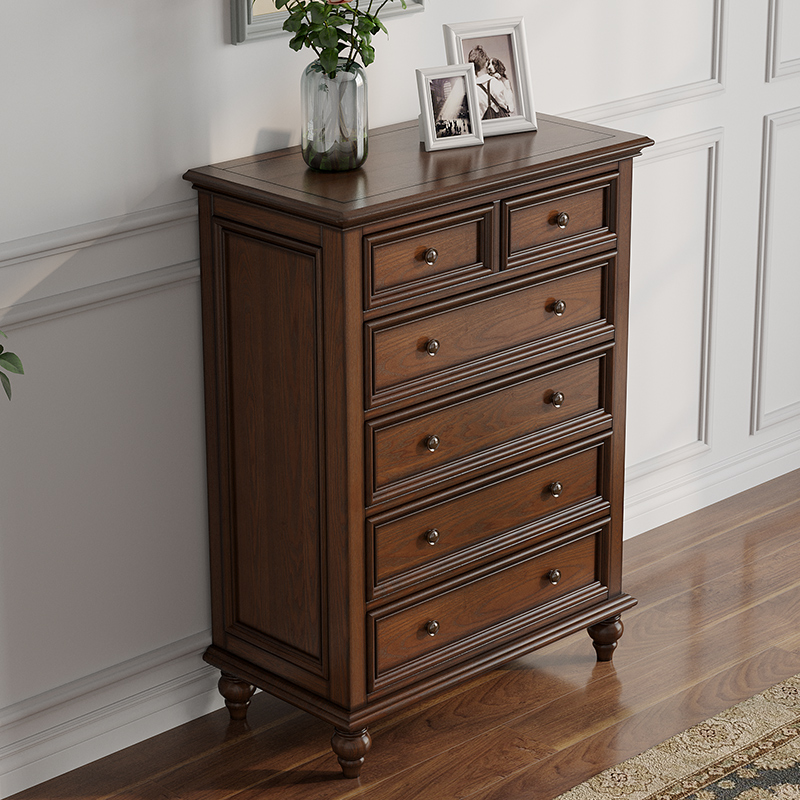 美式实木六斗柜客厅玄关多抽储物柜简约胡桃色抽屉柜靠墙卧室斗橱