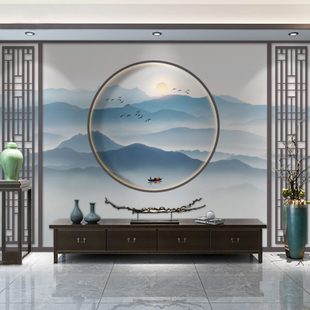 壁纸电视背景墙沙发客厅无缝定制壁画山水墙布无纺布墙纸 轻奢中式