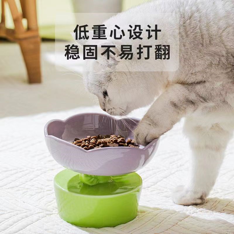 小花陶瓷猫碗高脚保护颈椎防打翻猫食盆猫咪狗狗水碗饭碗宠物用品