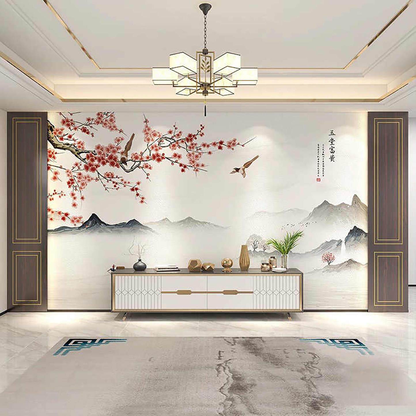 8D新中式山水花鸟壁纸客厅沙发电视背景墙纸卧室影视墙布装饰壁画