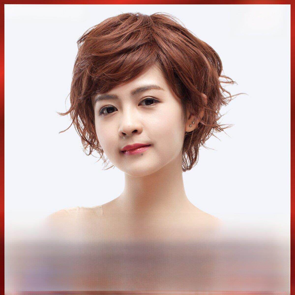 采购产品假发妇女短发，斜刘海，短卷发，梨花烫发，短发风格，中