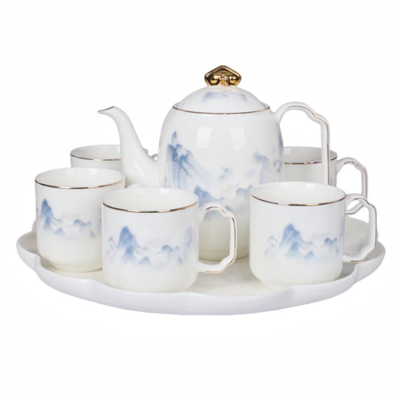 金边高档八件套茶具旋转茶盘陶瓷水具套装茶壶茶杯茶盘整套茶具
