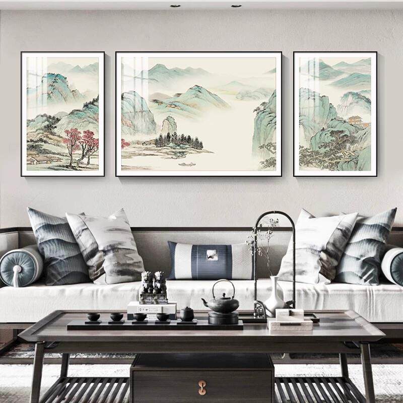 新中式客厅沙发背景墙装饰画国画山水画卧室餐厅大气轻奢三联挂画