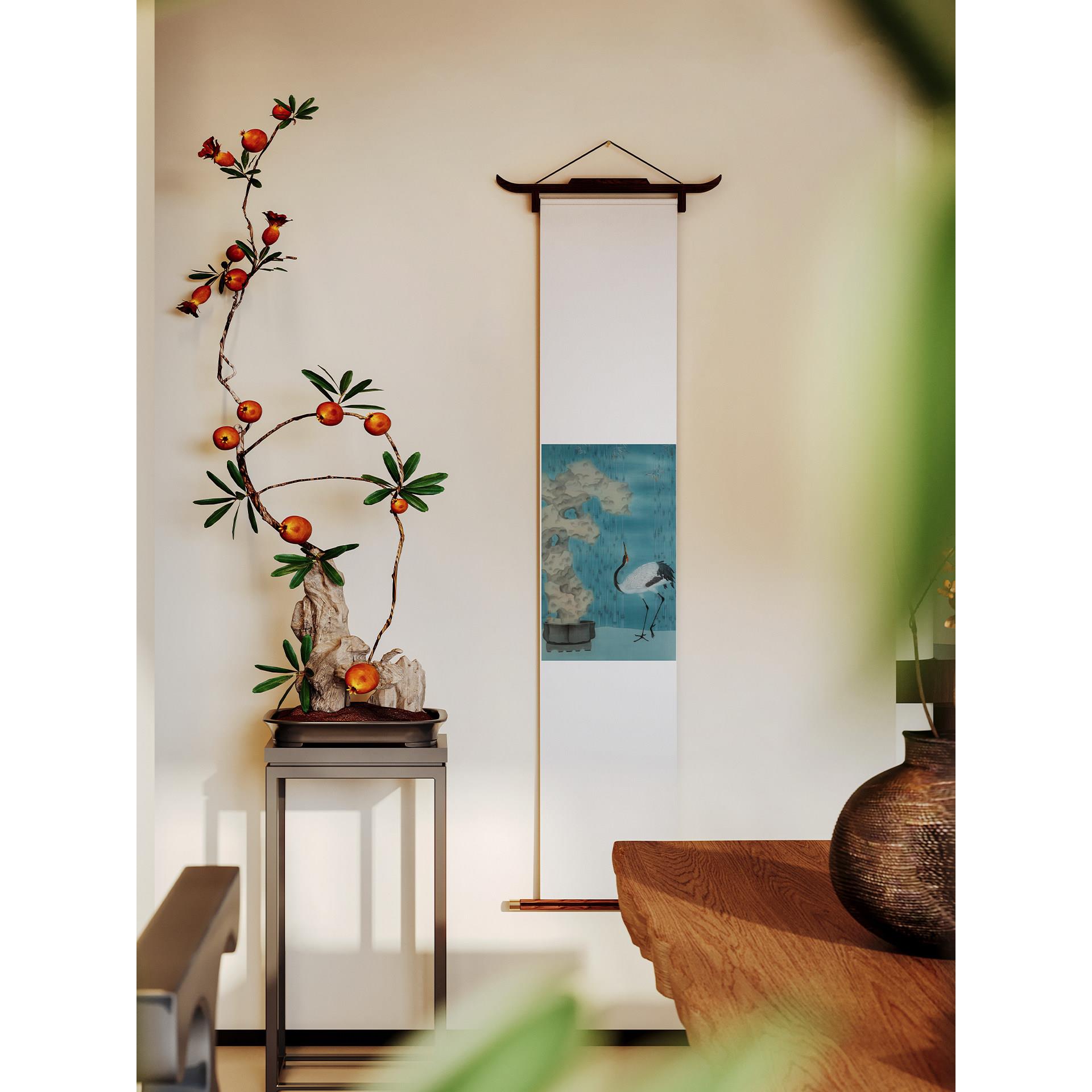 徐明灿 宋式美学 飞檐卷轴仙鹤新中式水墨装饰画玄关茶室三联挂画