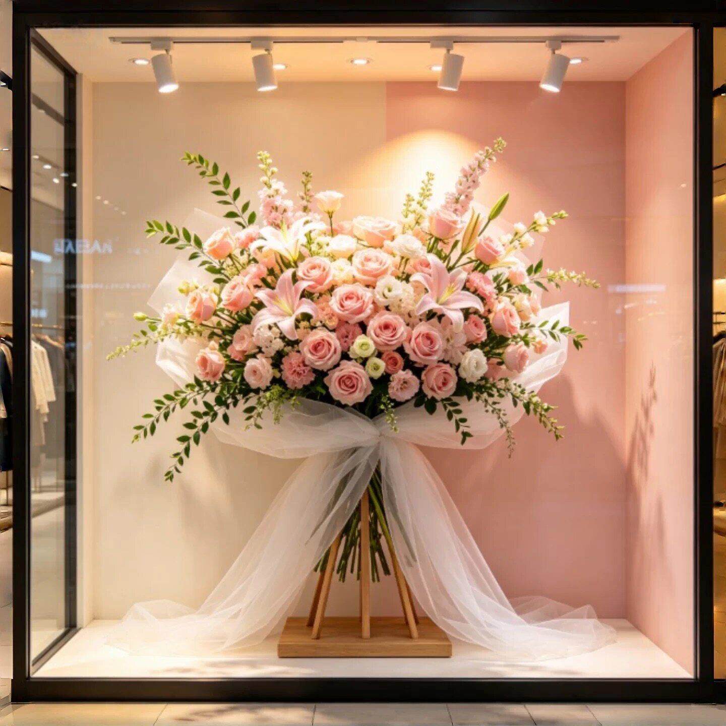 店铺橱窗服装店粉色玫瑰百合仿真花商业装饰大花束摆件婚庆道具