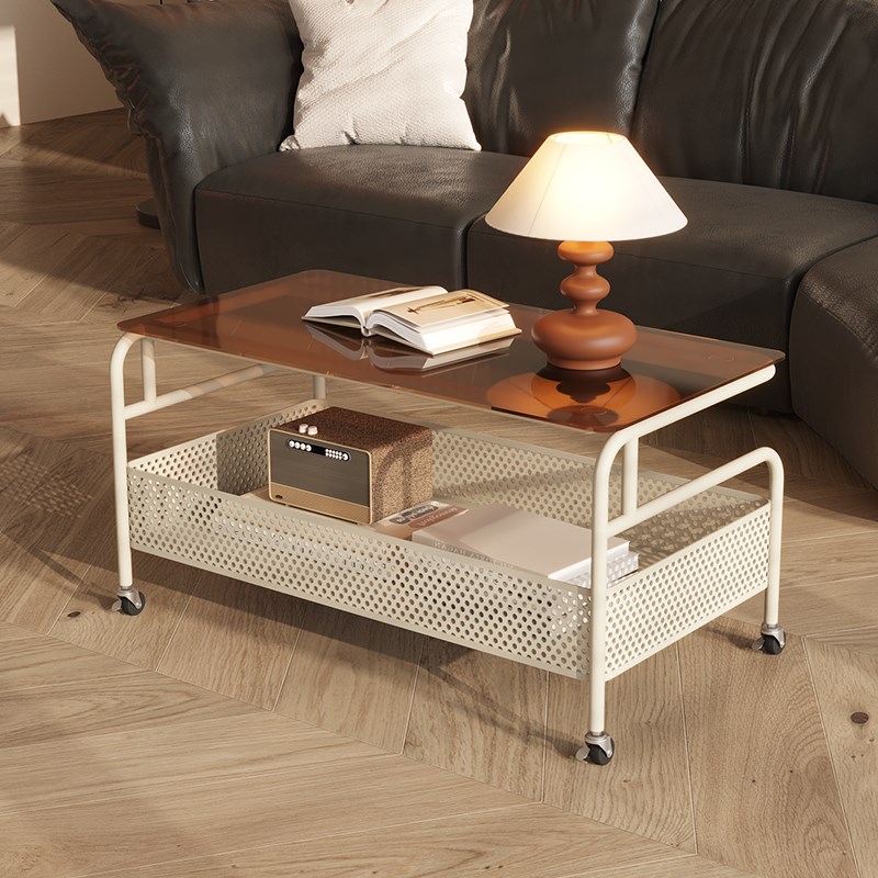 YANASO中古风创意可移动长方形玻璃茶几法式轻奢高级感客厅小桌子