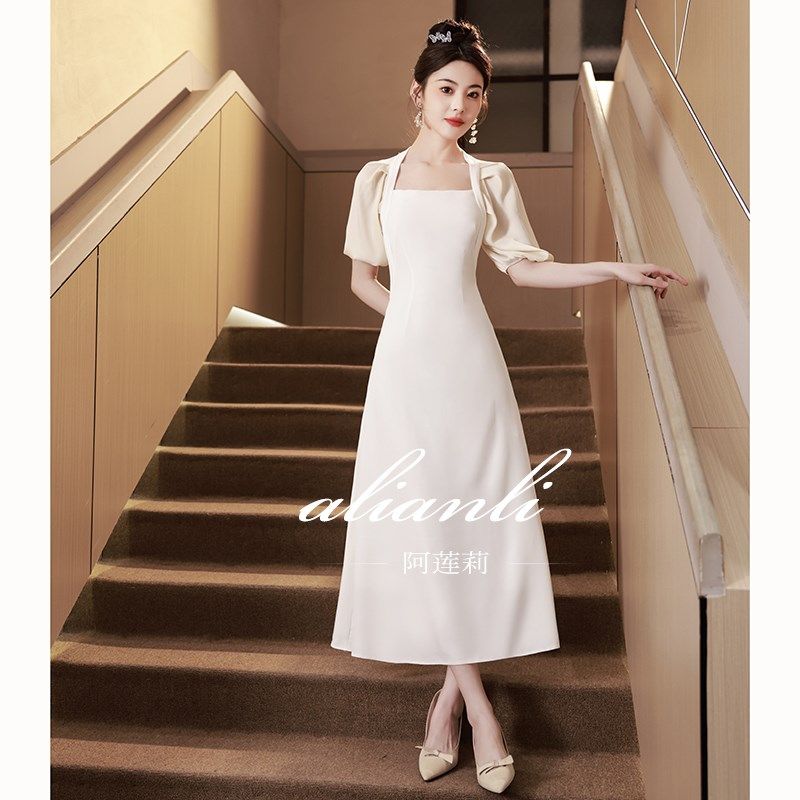 晚礼服女宴会轻奢小众高端白色缎面高级感主持人端庄大气领证白裙