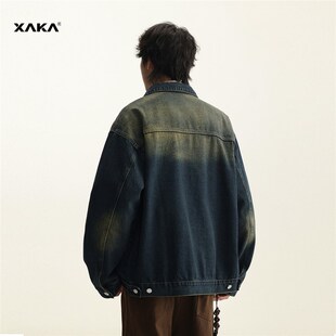 XAKA2024新款水洗复古牛仔外套男春秋渐变落日黄宽松休闲百搭夹克