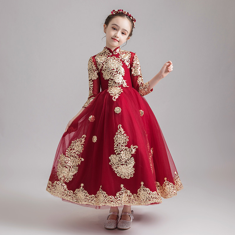 女童礼服公主裙儿童钢琴演出服小主持人表演服长袖高端生日婚纱春