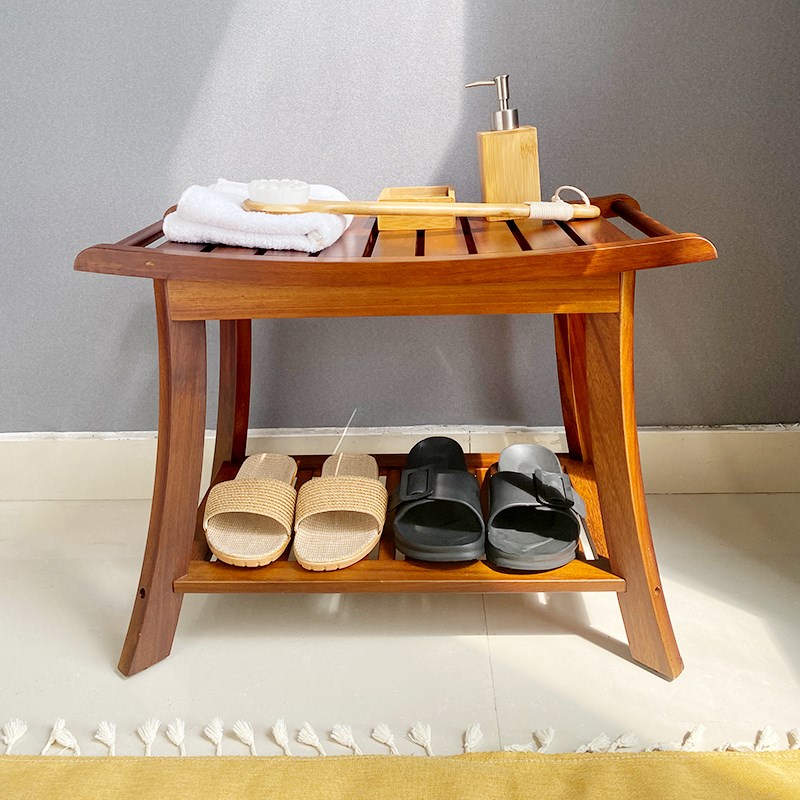 酒店行李架家用复古柚木楠竹家具民宿卧室客房折叠收纳双层置物架