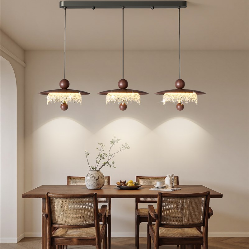 餐厅吊灯法式中古风胡桃木色覆古创意水滴护眼新款三头吧台餐桌灯