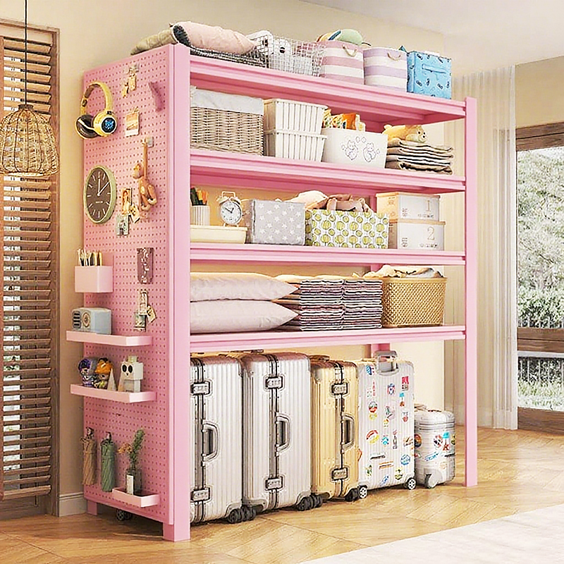 带洞洞板家用货架多层行李箱置物架落地送帘子客厅阳台下空置物架