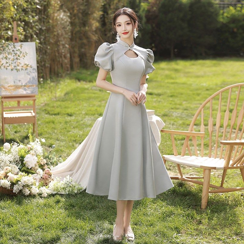 中式伴娘服2024新款平时可穿小个子高级感灰色缎面姐妹团礼服显瘦