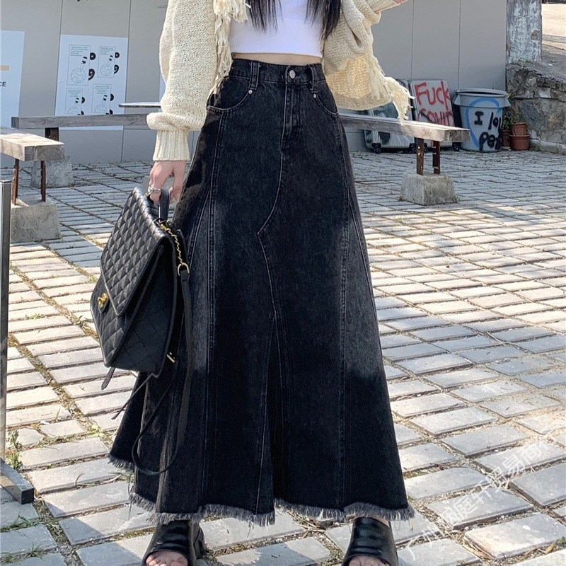 胖mm大码女装高腰毛边牛仔半身裙女黑色复古设计感显瘦A字中长裙