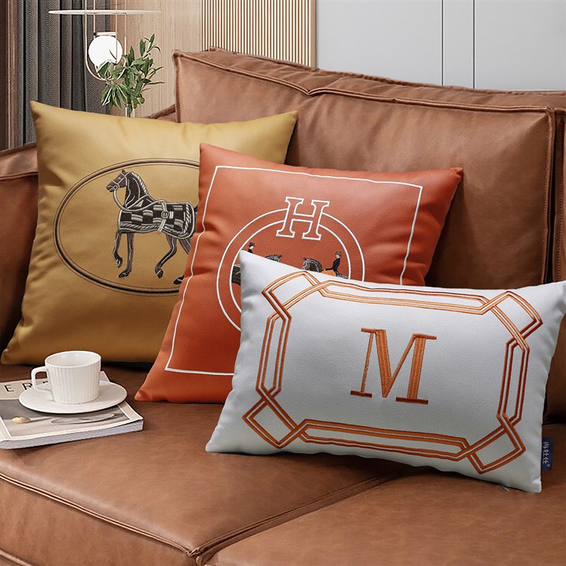 欧式夏季轻奢腰枕靠枕靠垫爱马橙色白色靠背垫科技布沙发抱枕客厅