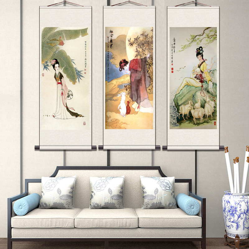 新品嫦娥玉兔人物卷轴画月光嫦娥壁画装饰画酒店包厢挂画中秋礼品