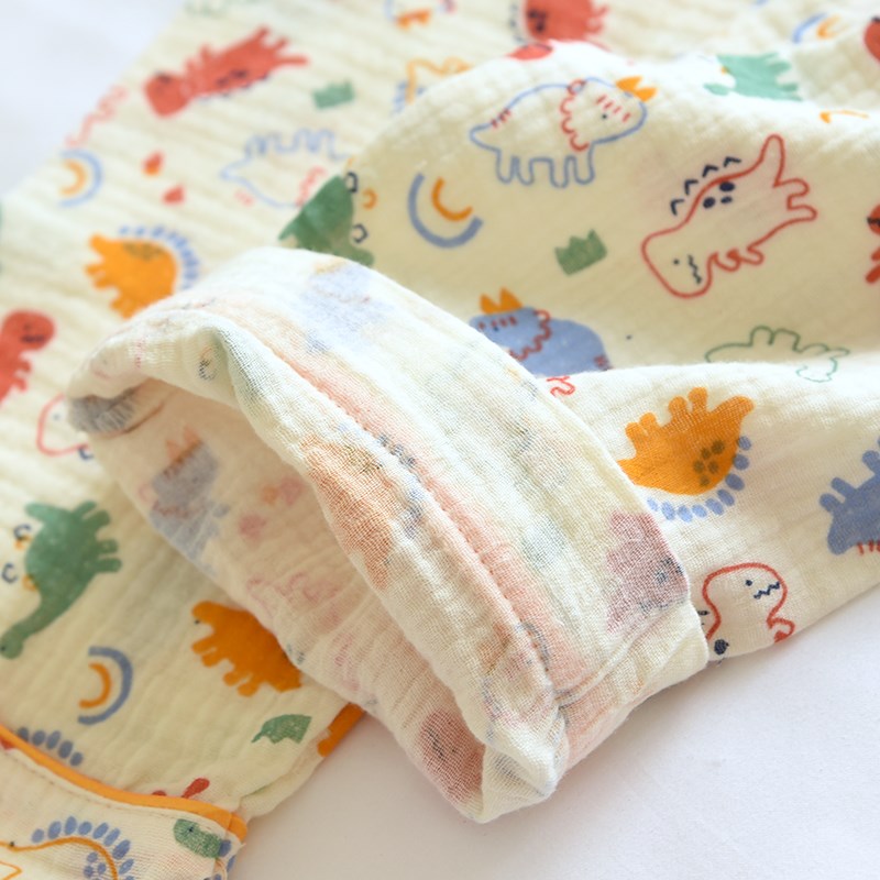 儿童春夏薄款翻领水洗起皱纯棉纱布长袖睡衣男童动物火车家居服宝