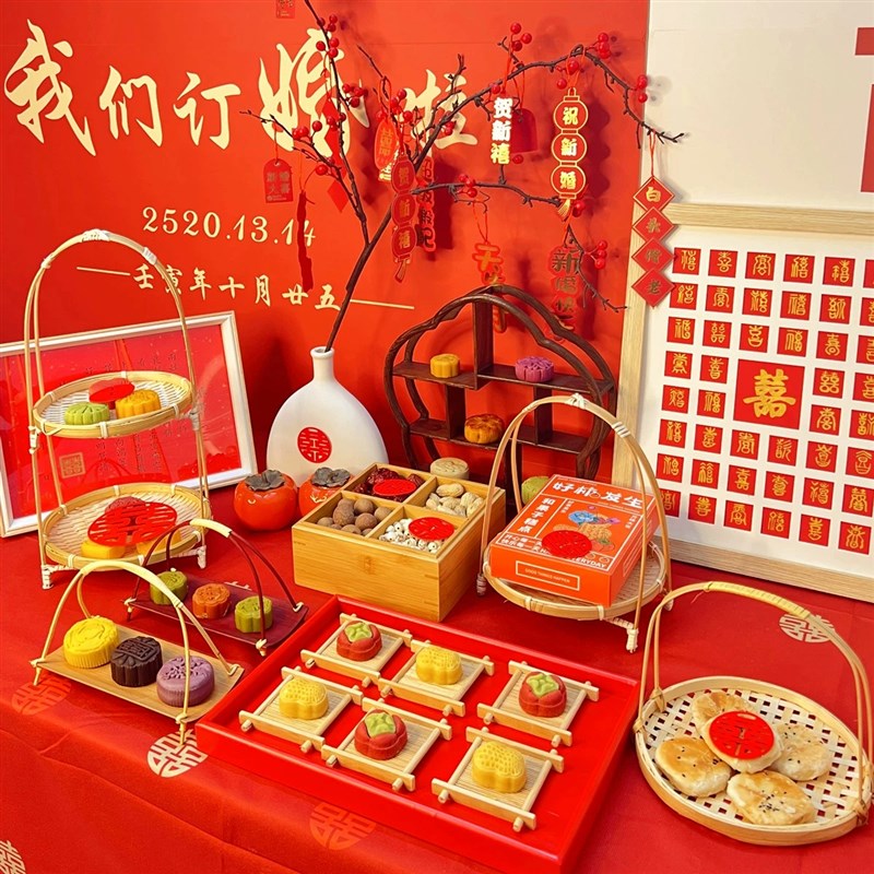 中式订婚宴糕点摆台喜饼摆盘结婚专用点心礼盒套装甜品台布置摆件