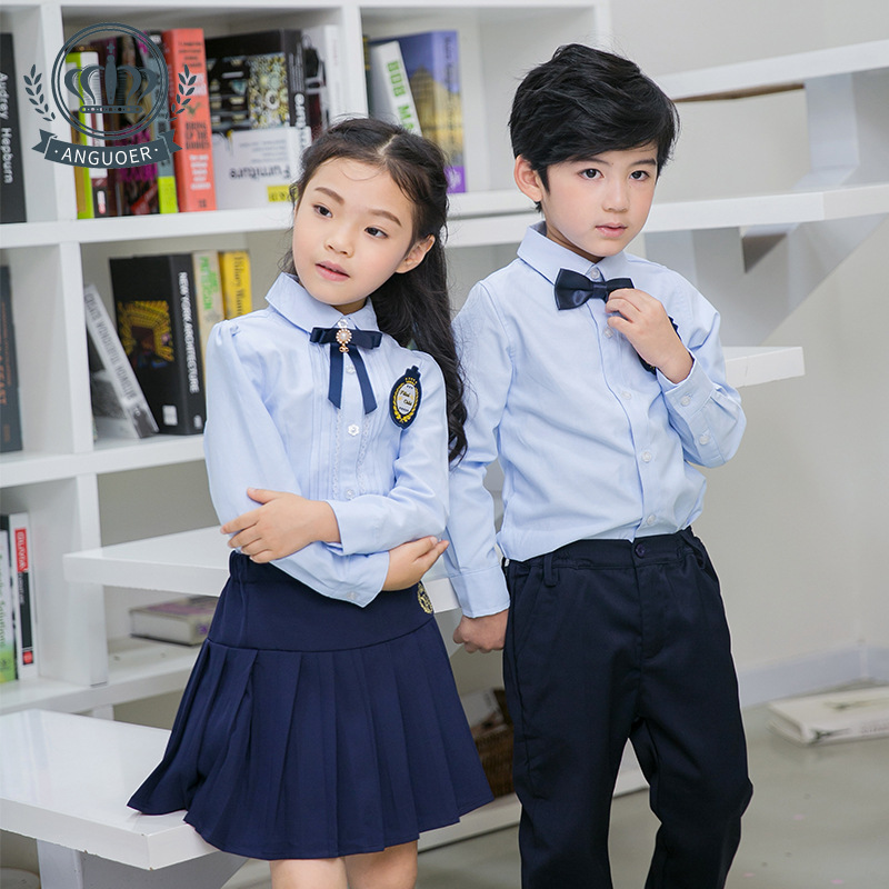 儿童浅蓝色衬衫套装男童女童长袖长裤裙小学生演出校服幼儿园园服