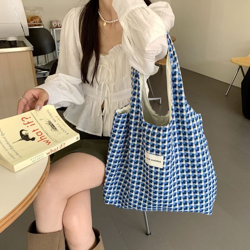 清爽湖蓝色学生上课格纹手提布袋韩版背心 包单肩包编织28161时尚