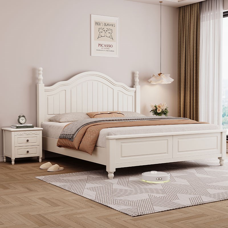 奶油风白色美式实木床主卧1.8m单双人床现代简约1米5公主床儿童床