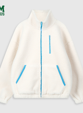 DISCUS 2025冬季情侣款立领摇粒绒拼接丝绒撞色拉链袖标开衫外套