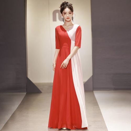 红色V领大合唱团演出女长款裙主持红歌古筝舞蹈朗诵表演晚礼服装