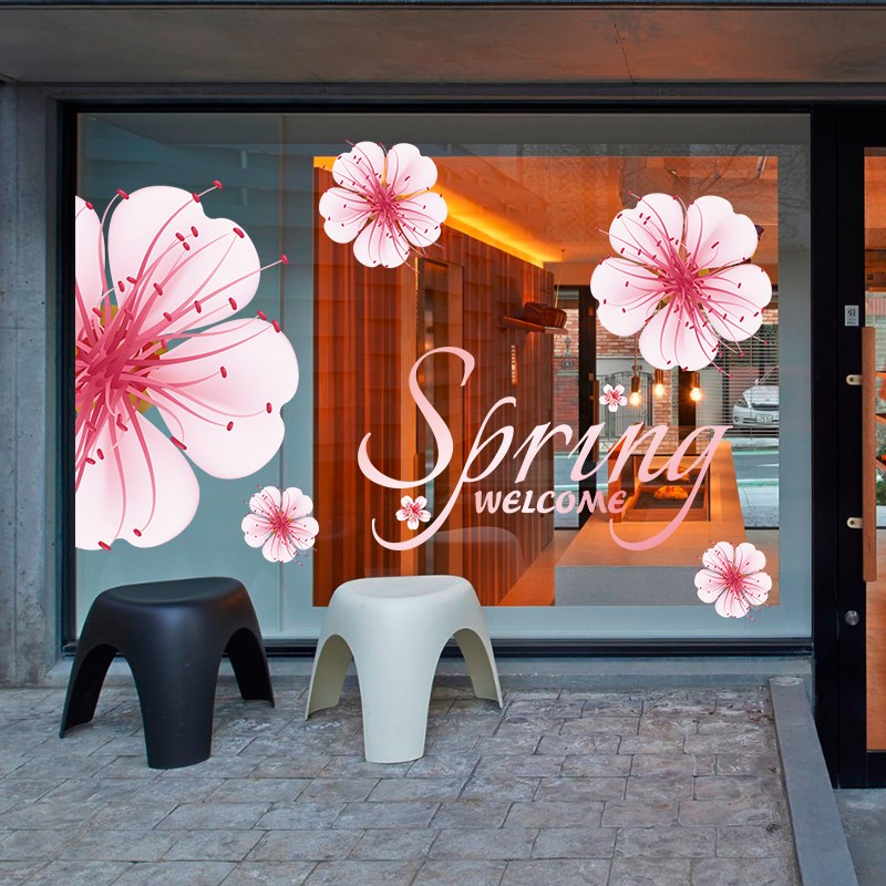 春天樱花橱窗装饰玻璃门贴纸粉色花瓣商场服装店春季氛围布置静电