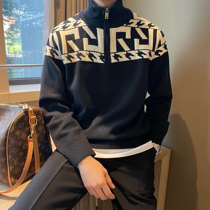 韩版加厚保暖半拉炼高领男毛衣落肩袖宽松款潮流几何图拼色针织衫