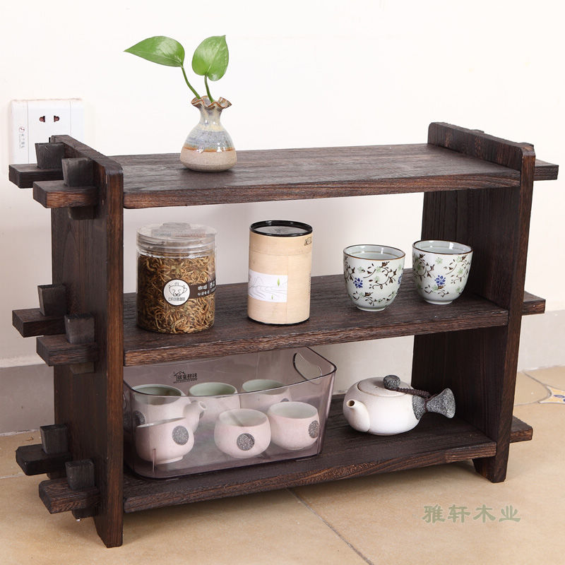 日式烧桐木实木茶壶茶具收纳多宝格置物架茶架花架博古架器具摆件