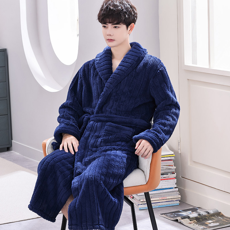 珊瑚绒睡袍男秋冬季晨袍长款加绒加厚法兰绒浴袍大码简约睡衣外套