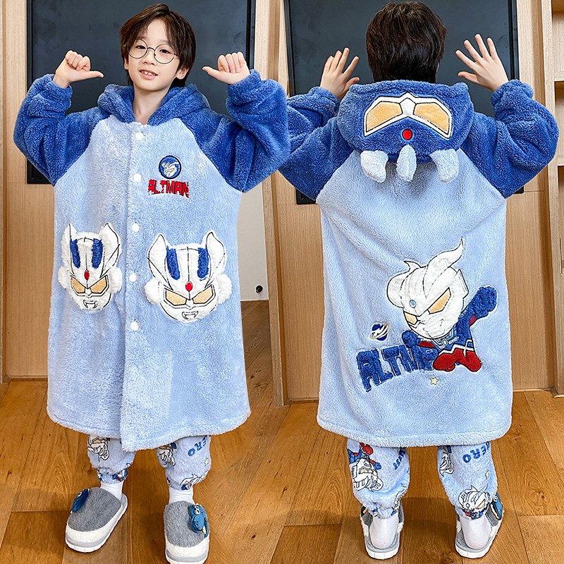 2024新款儿童睡衣男孩秋冬季加绒加厚珊瑚绒男童睡袍冬款男孩套装