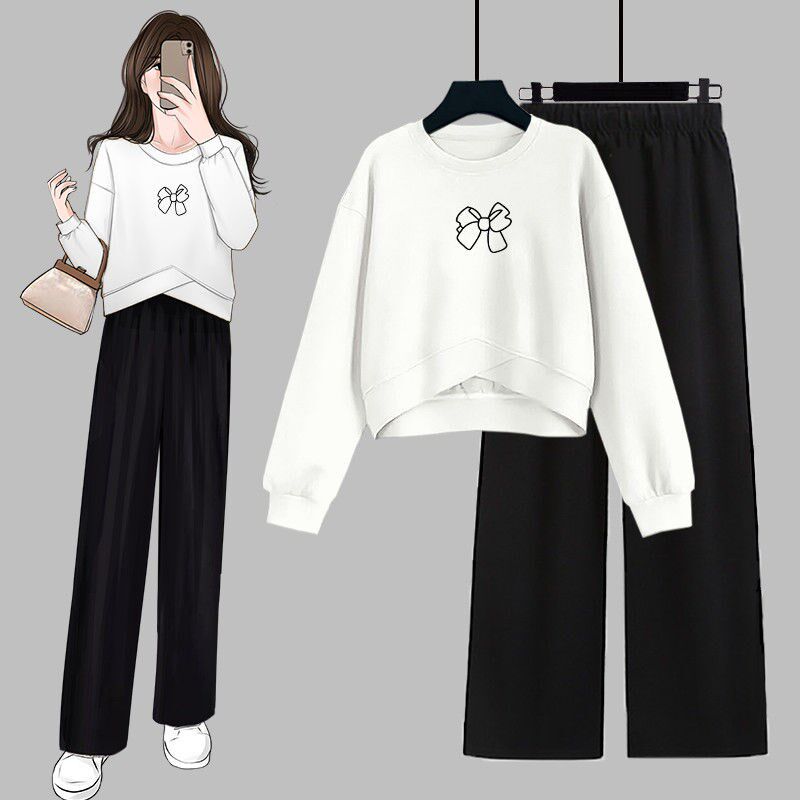 春秋季简约时尚小众交叉设计感短款宽松圆领卫衣女+阔腿裤两件套