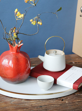 新中式红色石榴花瓶白色托盘组合摆件样板间客厅卧室家居软装饰品