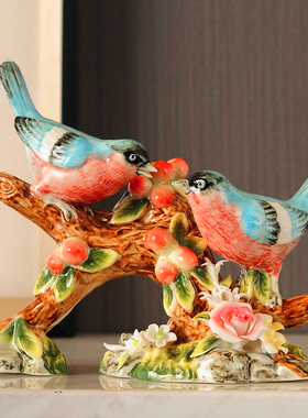 欧式家居装饰品新中式客厅酒柜隔断摆件陶瓷工艺品喜鹊小鸟创意